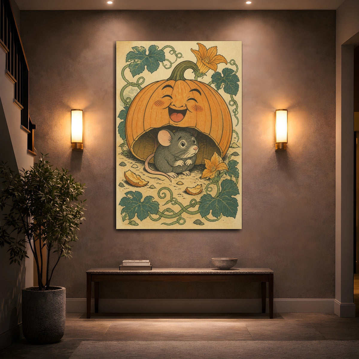 Mockup 2. Funny Pumpkin Mouse shown as canvas print
