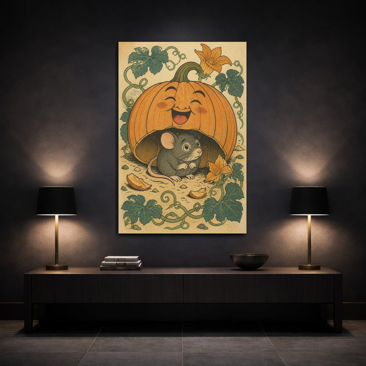 Mockup 3. Funny Pumpkin Mouse shown as canvas print