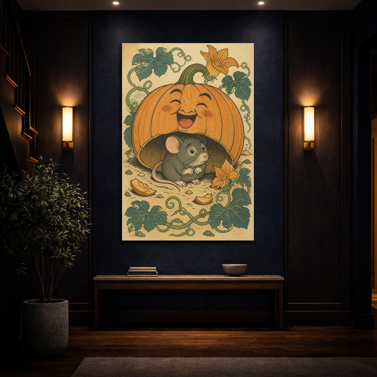 Mockup 4. Funny Pumpkin Mouse shown as canvas print