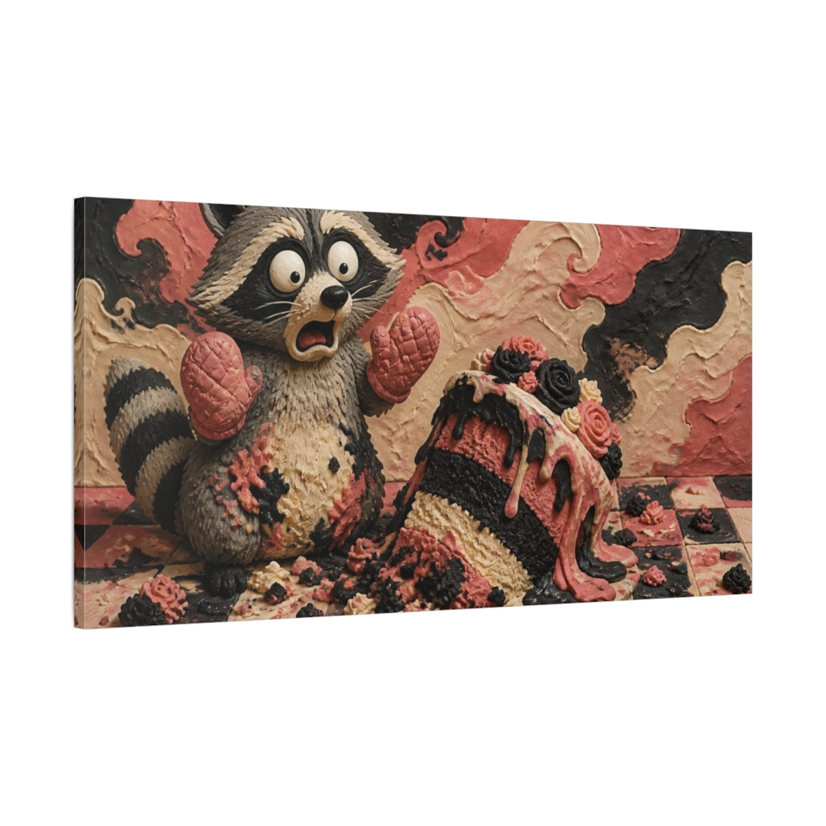 Main Mockup. Funny Raccoon Cake Mishap shown as canvas print
