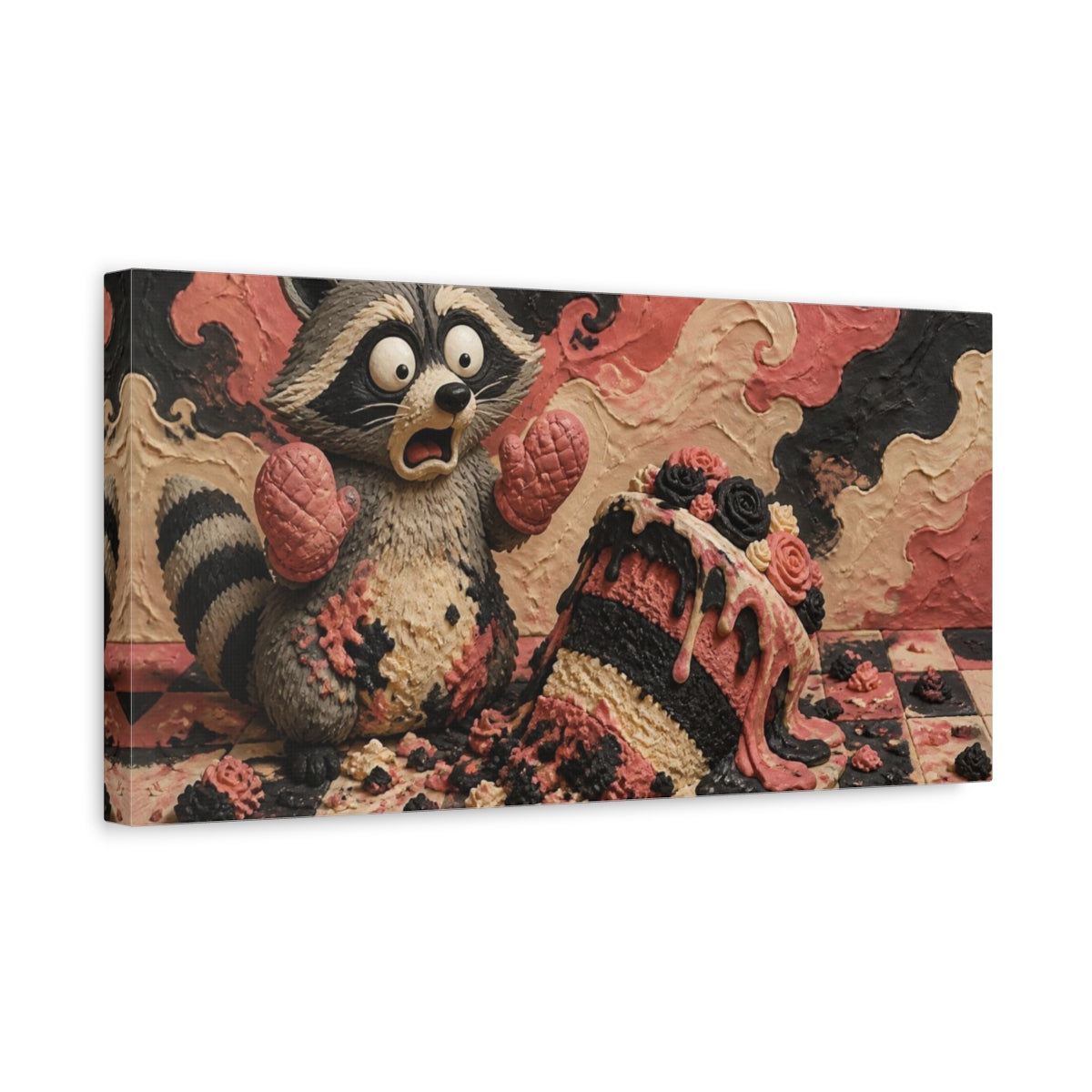 Side Mockup 3. Funny Raccoon Cake Mishap shown as canvas print