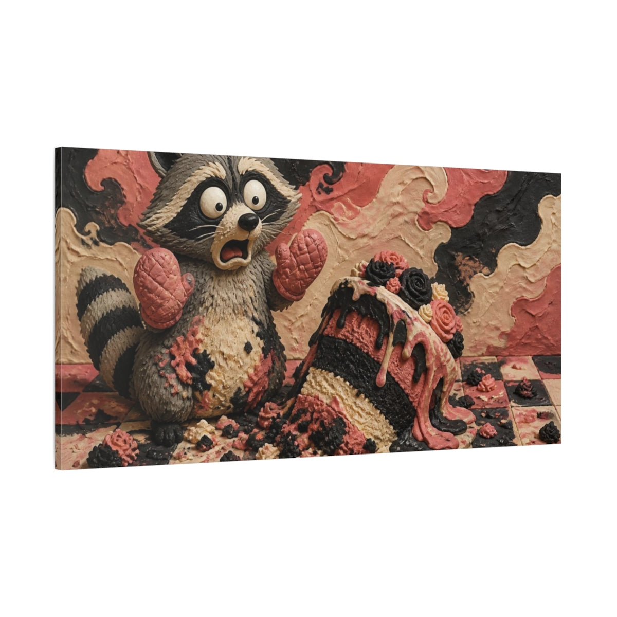 Side Mockup 2. Funny Raccoon Cake Mishap shown as canvas print