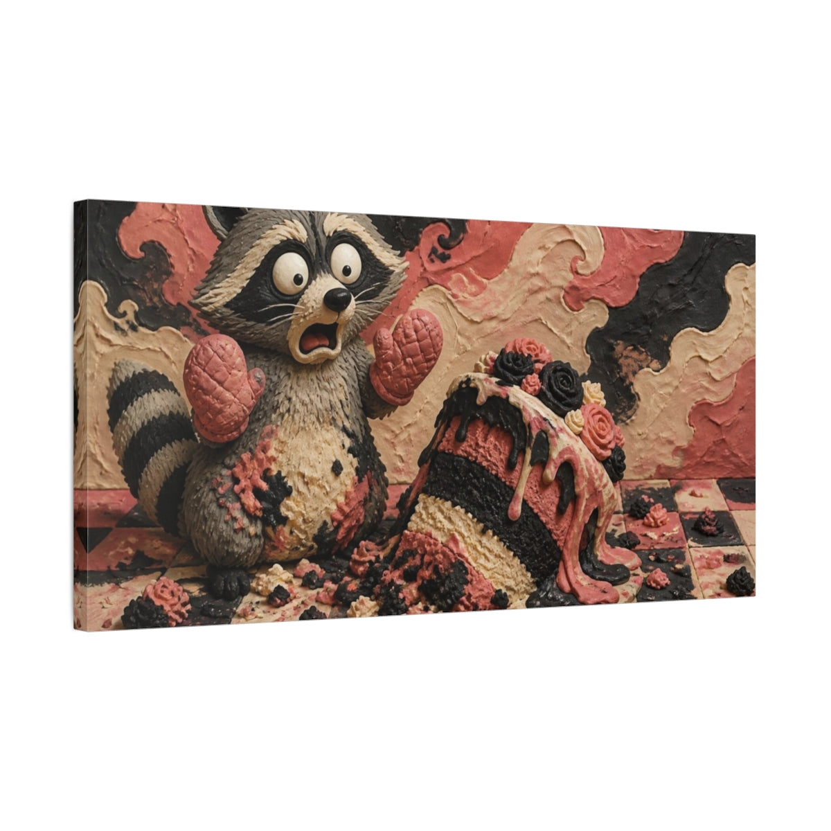 Side Mockup 1. Funny Raccoon Cake Mishap shown as canvas print