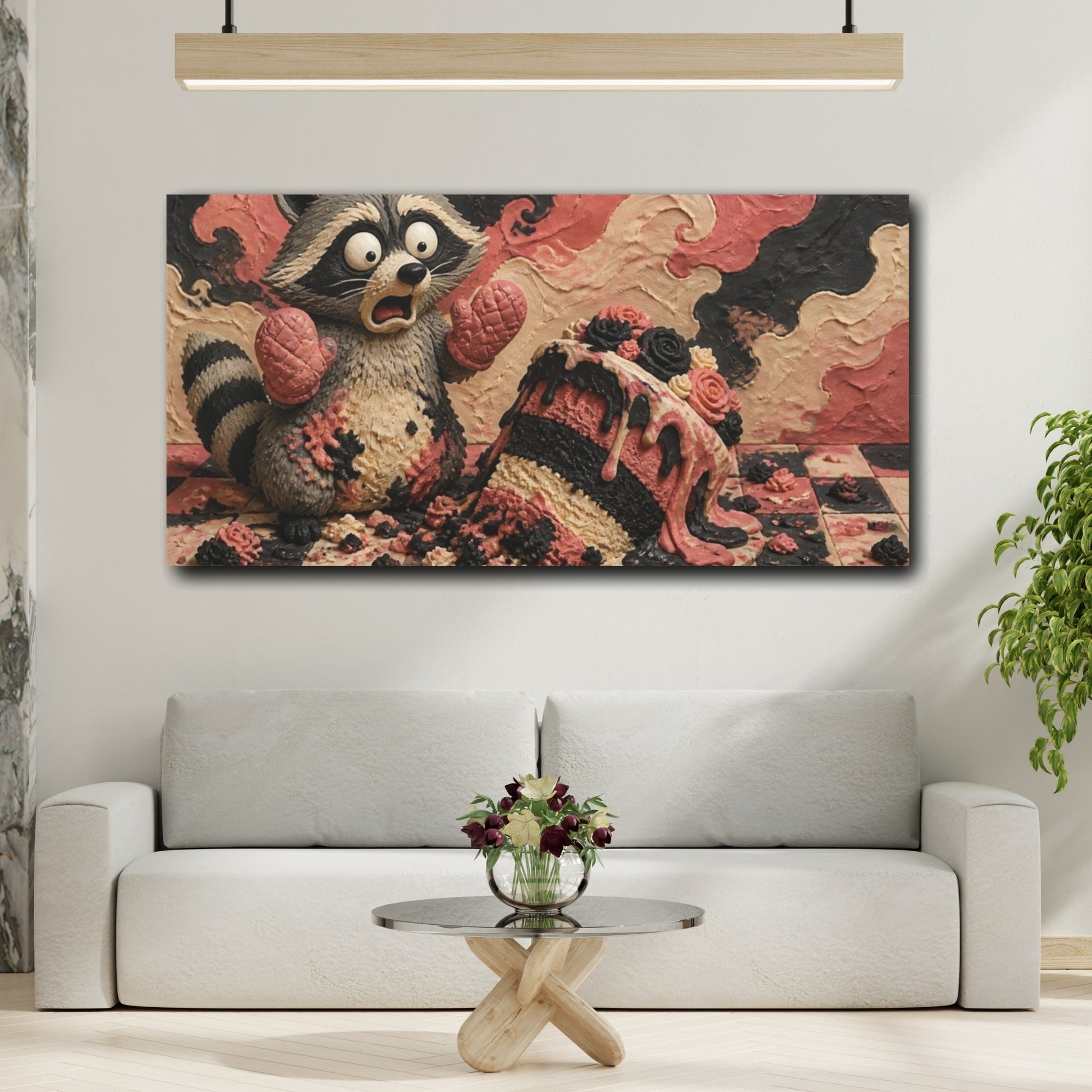 Mockup 2. Funny Raccoon Cake Mishap shown as canvas print