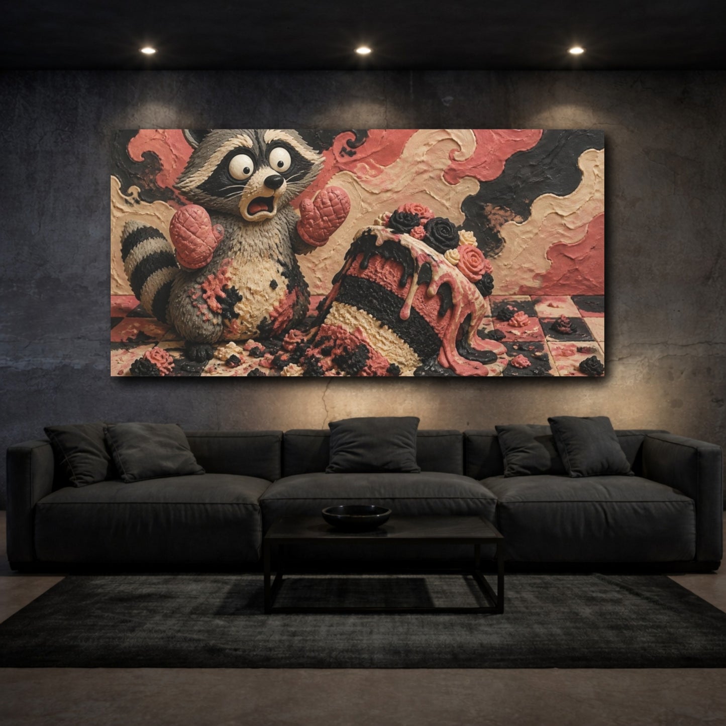 Mockup 3. Funny Raccoon Cake Mishap shown as canvas print