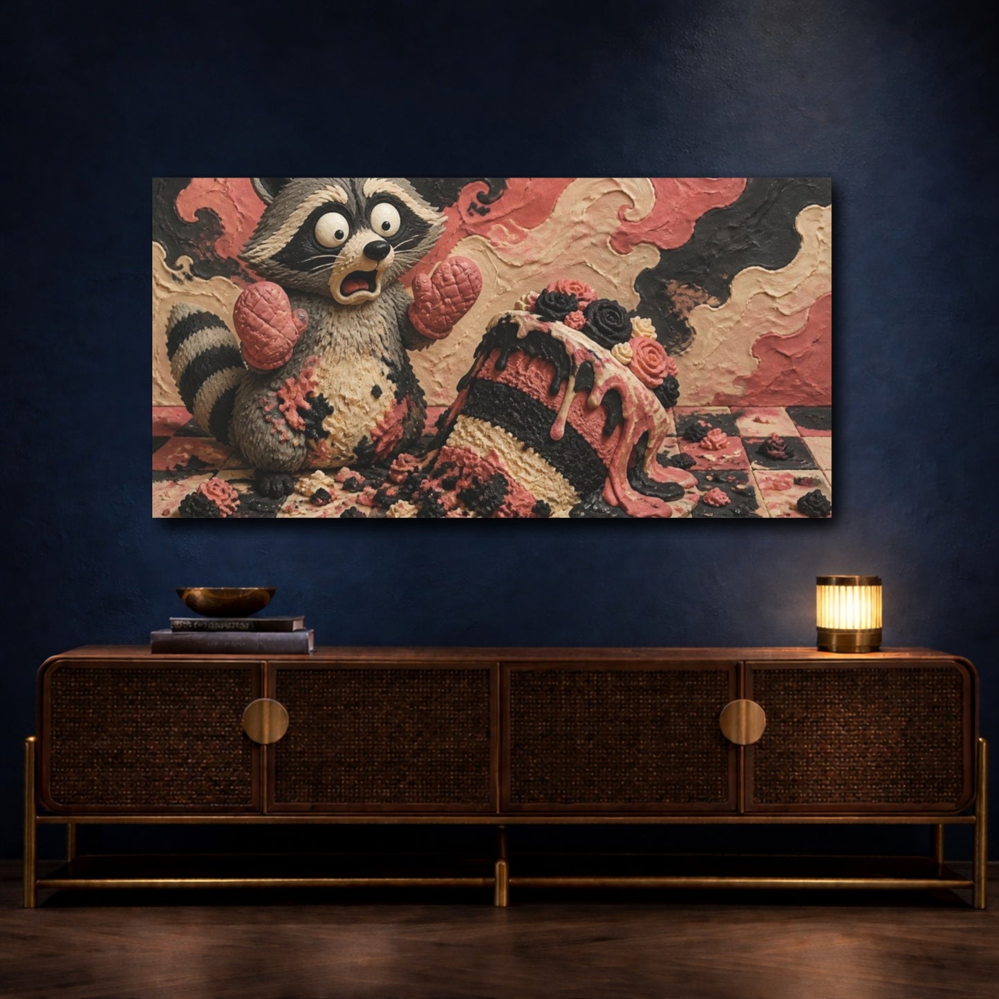 Mockup 4. Funny Raccoon Cake Mishap shown as canvas print