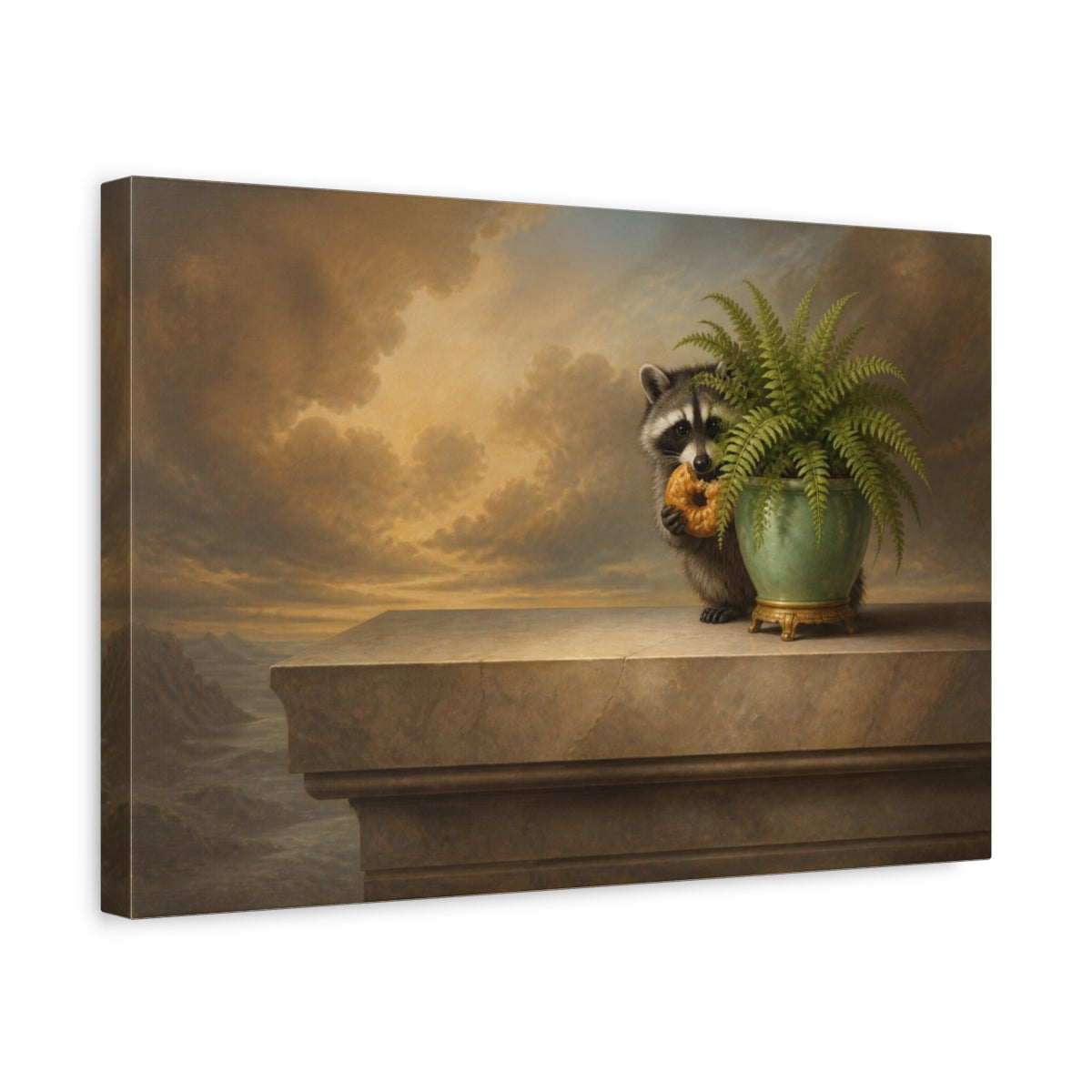 Side Mockup 4. Funny Raccoon With Donut shown as canvas print