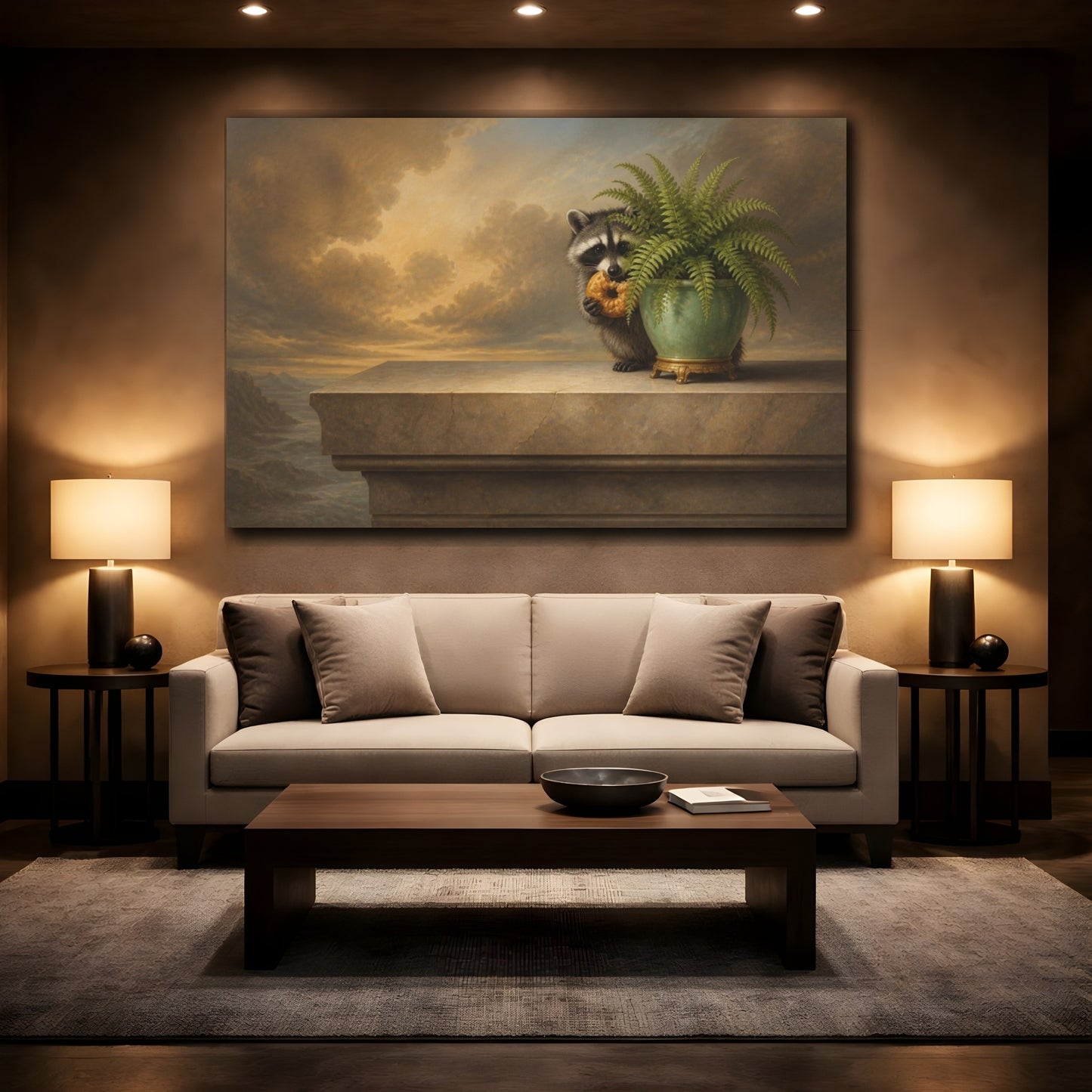 Mockup 2. Funny Raccoon With Donut shown as canvas print