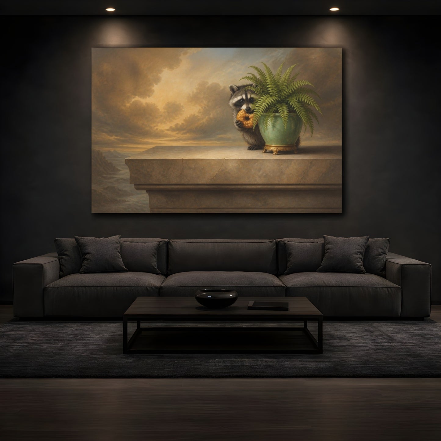 Mockup 3. Funny Raccoon With Donut shown as canvas print