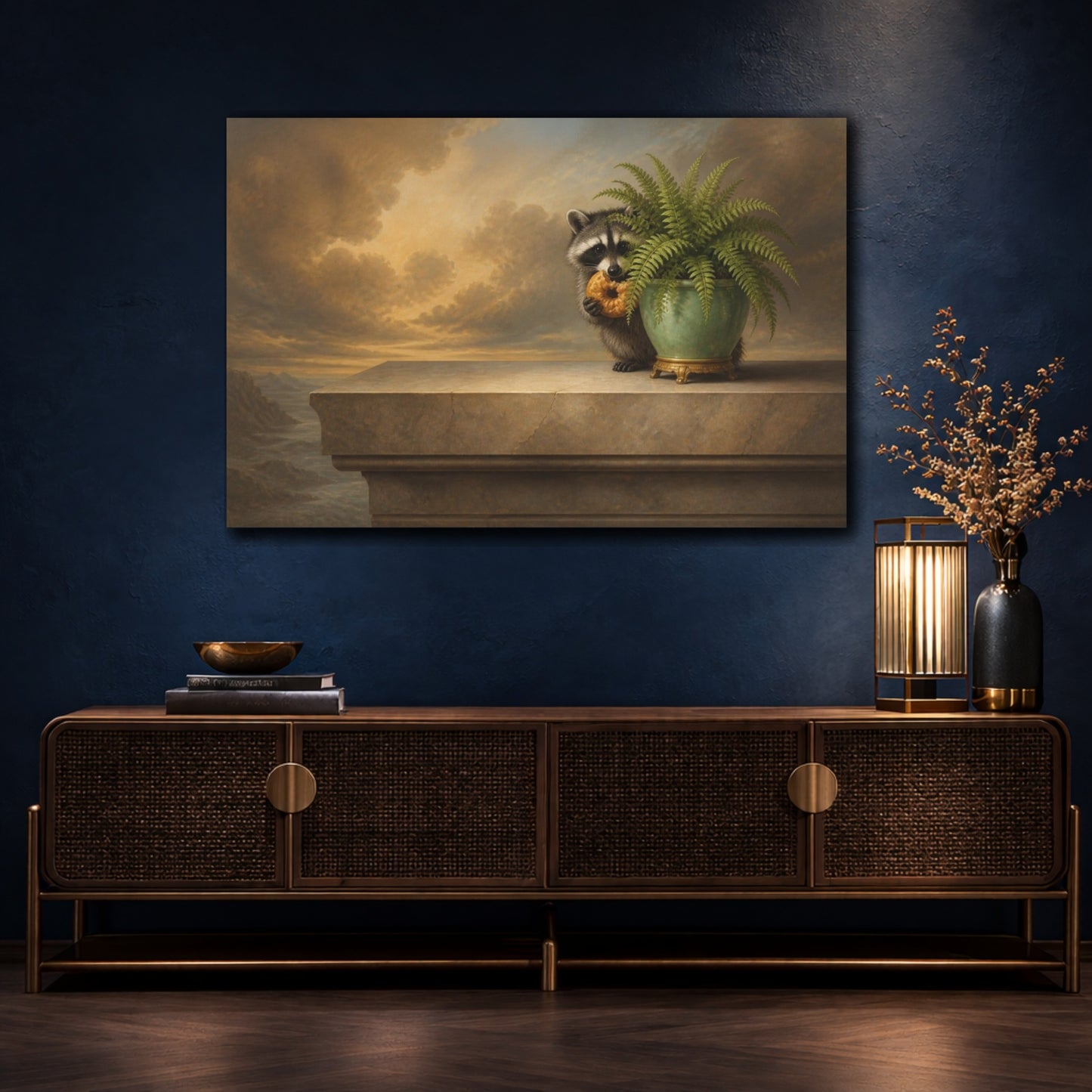 Mockup 4. Funny Raccoon With Donut shown as canvas print