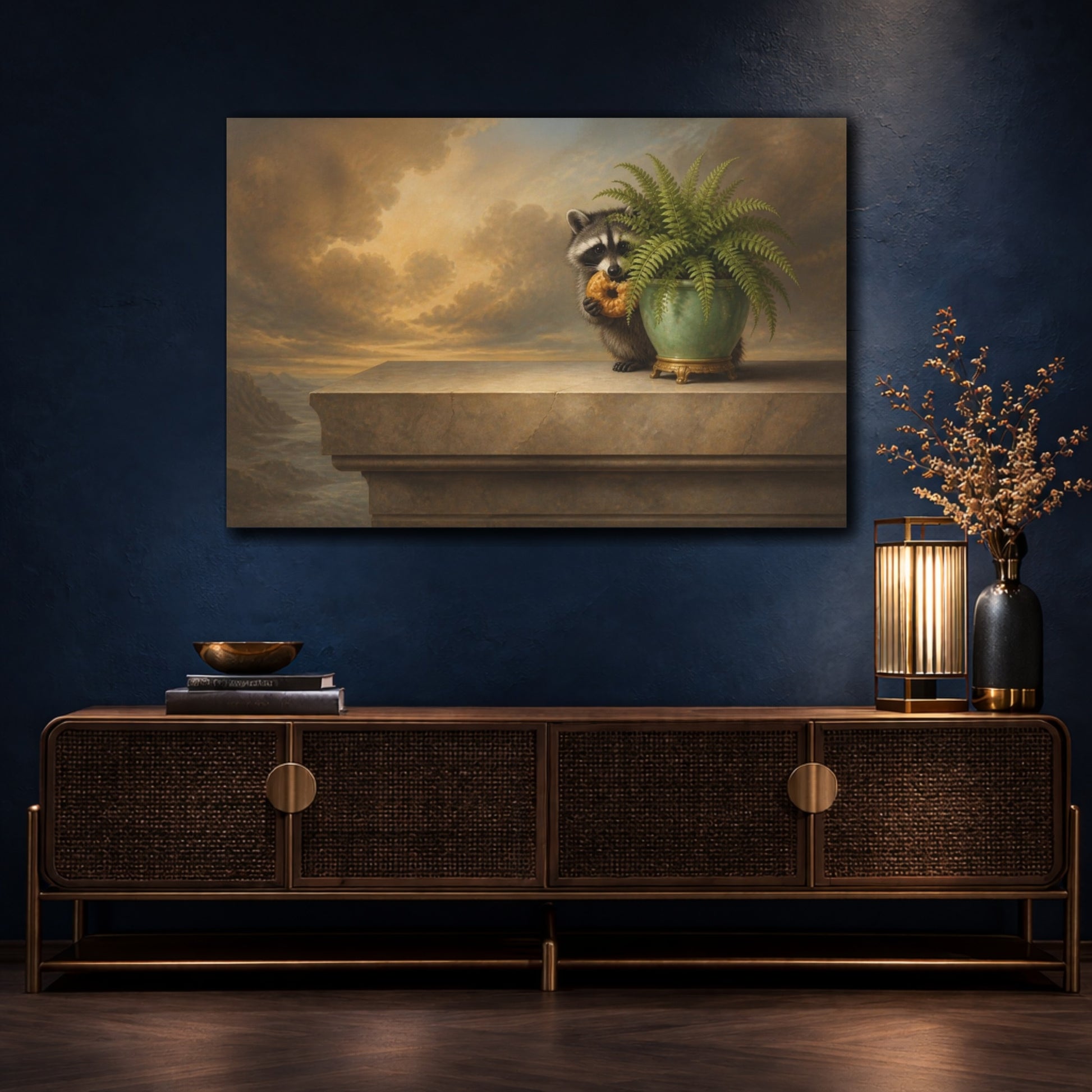 Mockup 4. Funny Raccoon With Donut shown as canvas print