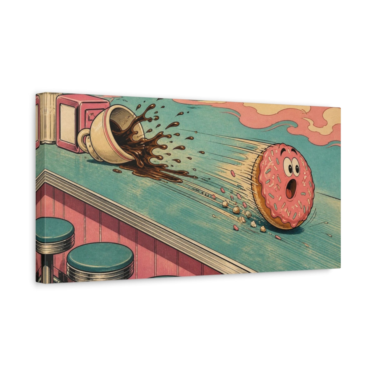 Side Mockup 3. Funny Rolling Donut shown as canvas print