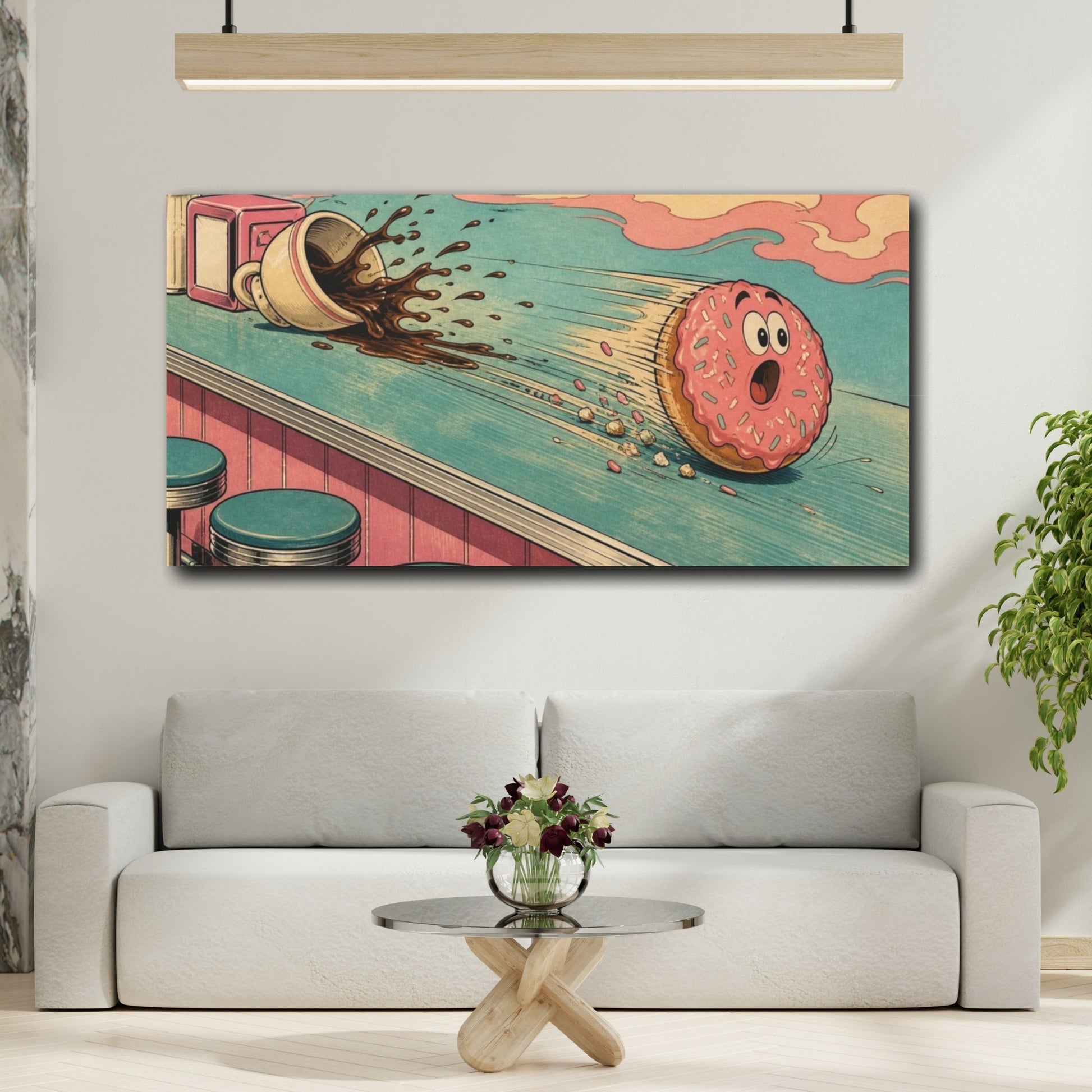 Mockup 2. Funny Rolling Donut shown as canvas print