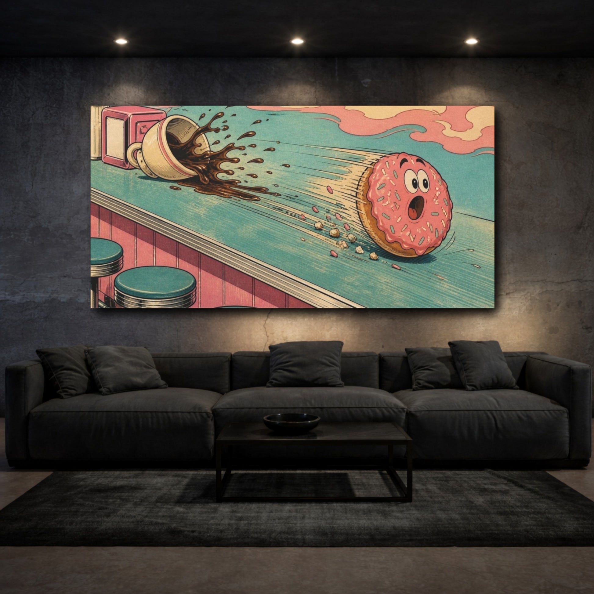 Mockup 3. Funny Rolling Donut shown as canvas print