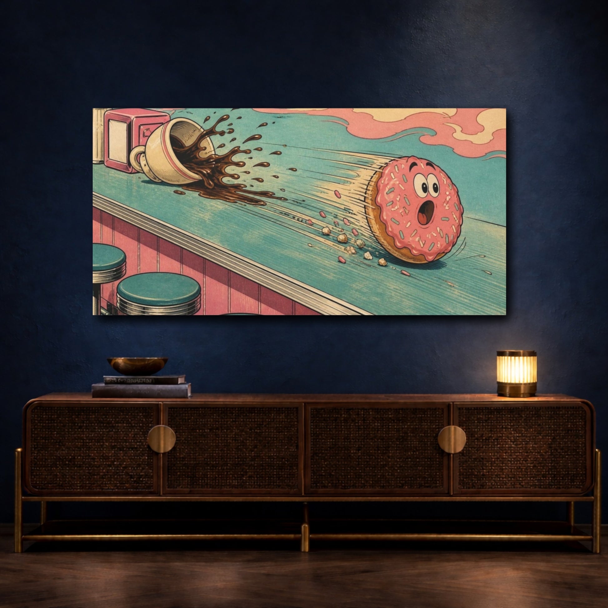 Mockup 4. Funny Rolling Donut shown as canvas print