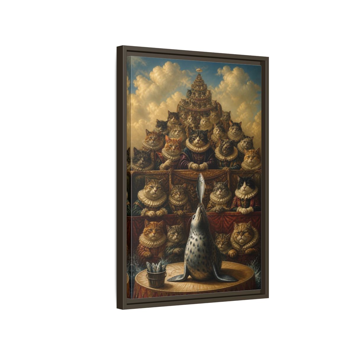 Side Mockup 2. Funny Seal Performance shown as framed canvas print