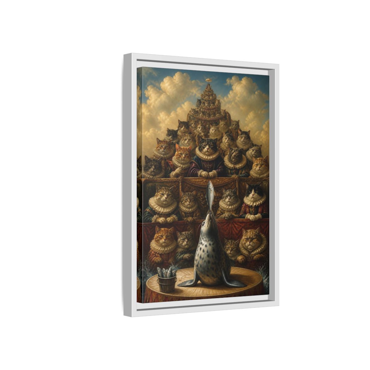 Side Mockup 4. Funny Seal Performance shown as framed canvas print