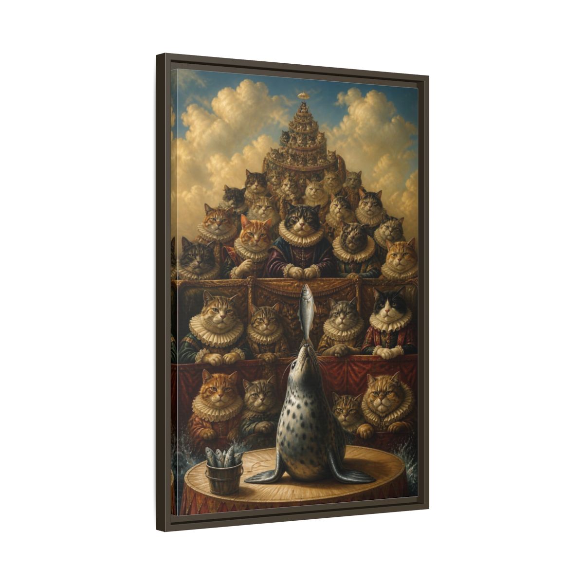 Side Mockup 11. Funny Seal Performance shown as framed canvas print