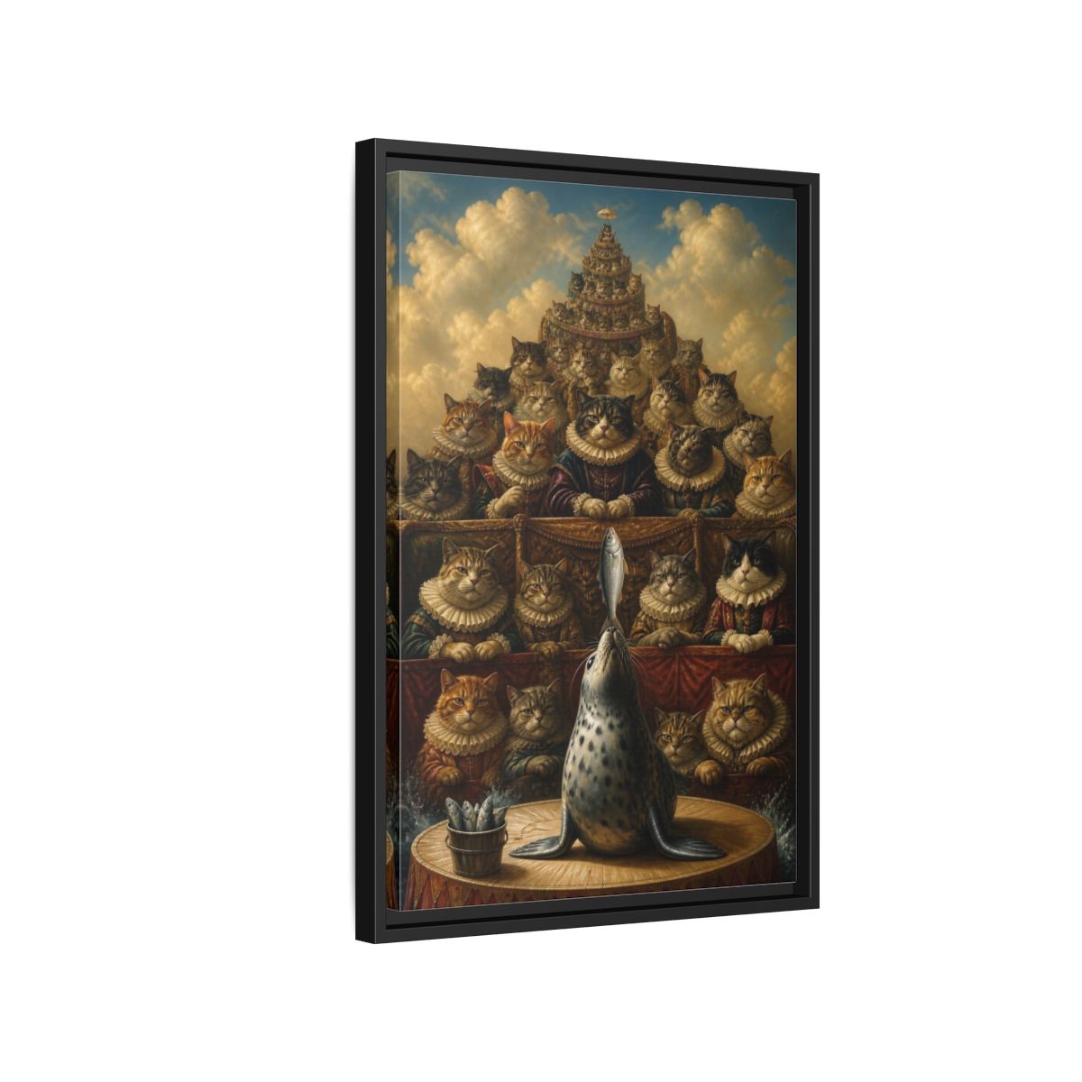 Side Mockup 3. Funny Seal Performance shown as framed canvas print