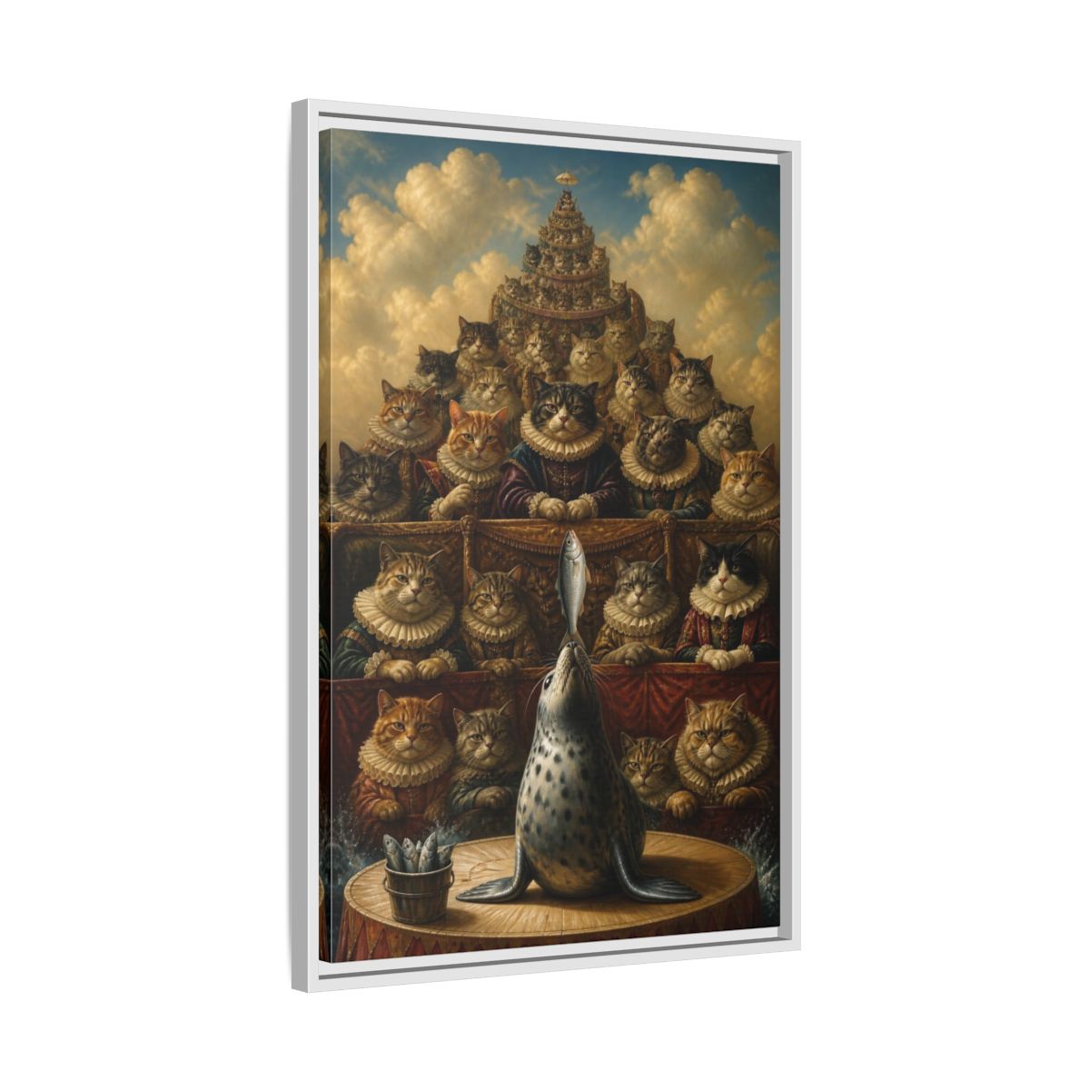Side Mockup 10. Funny Seal Performance shown as framed canvas print