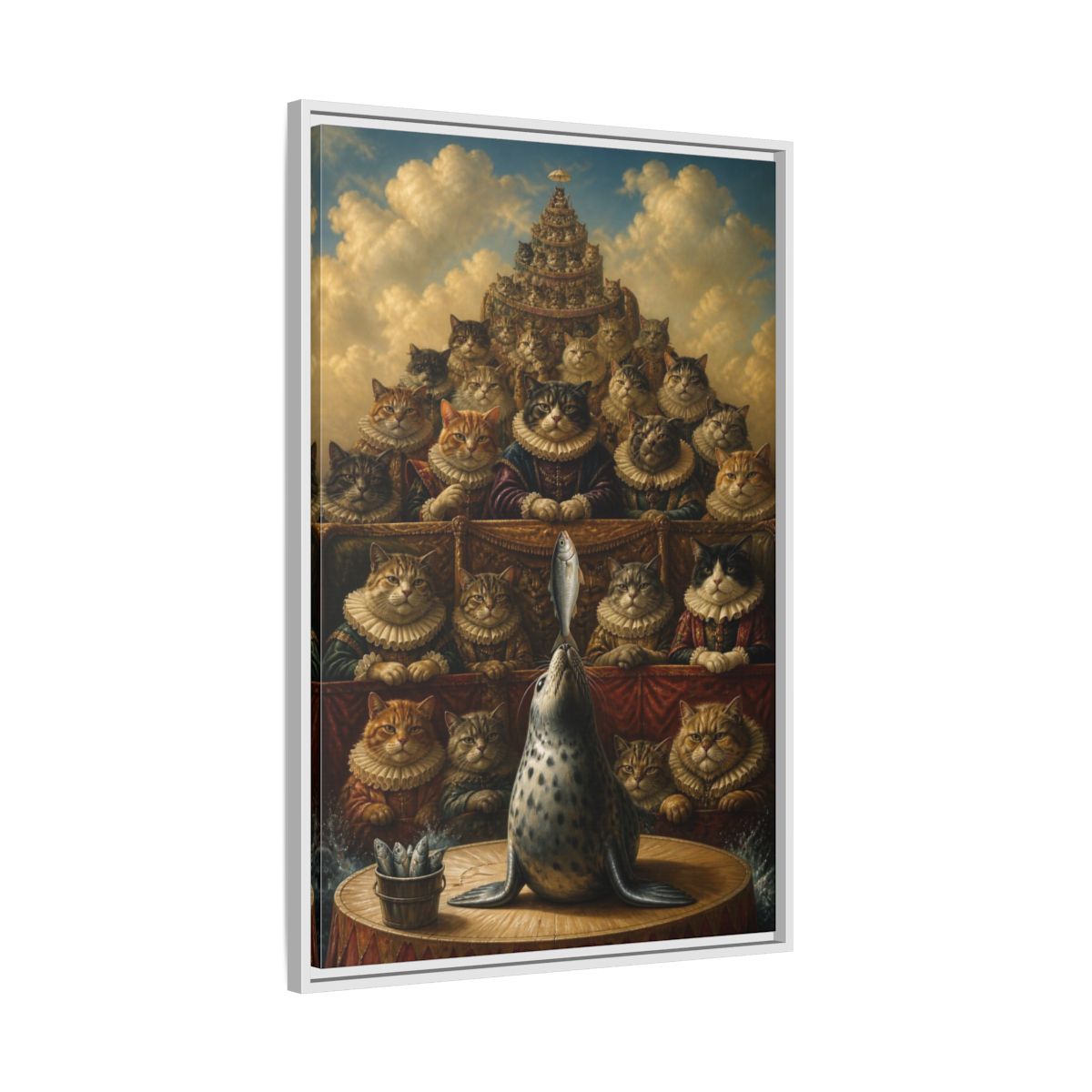 Side Mockup 9. Funny Seal Performance shown as framed canvas print