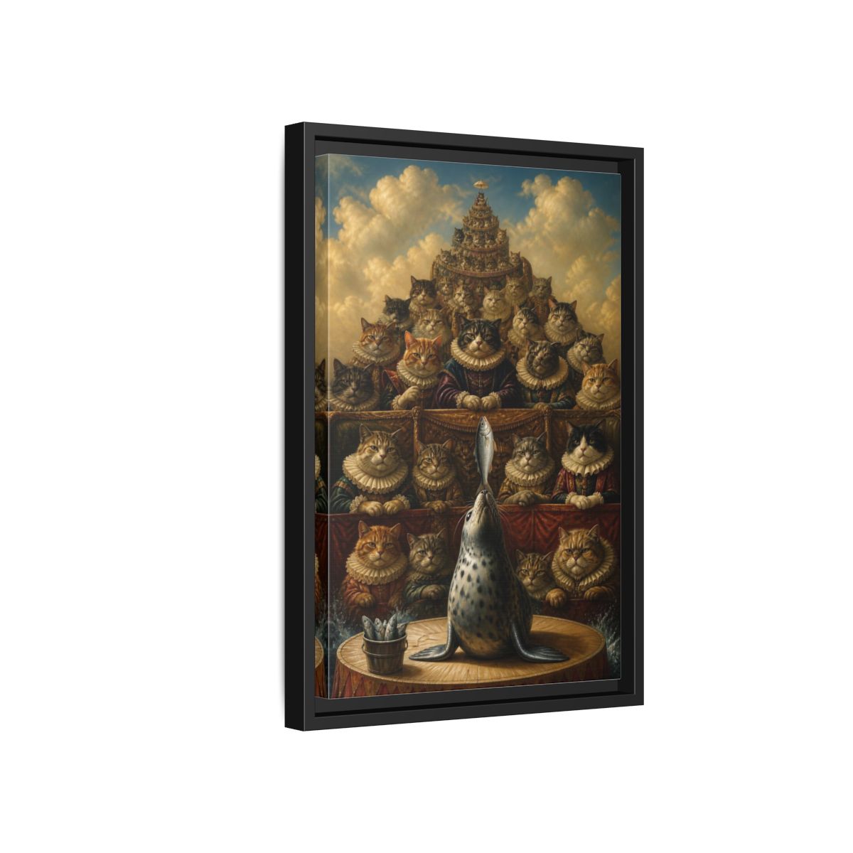 Side Mockup 6. Funny Seal Performance shown as framed canvas print