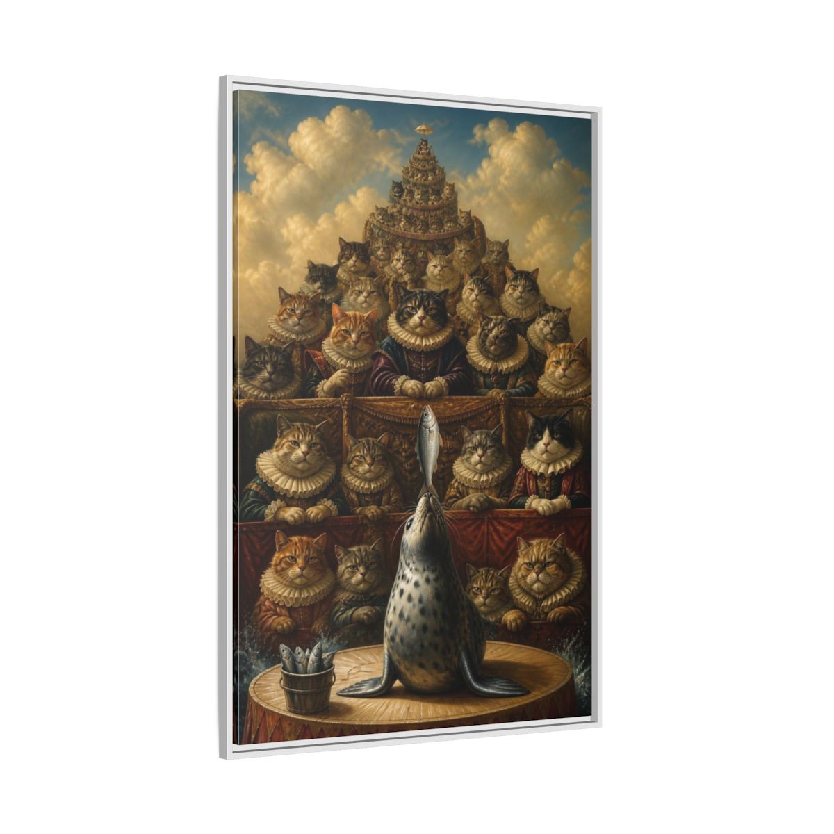 Side Mockup 7. Funny Seal Performance shown as framed canvas print