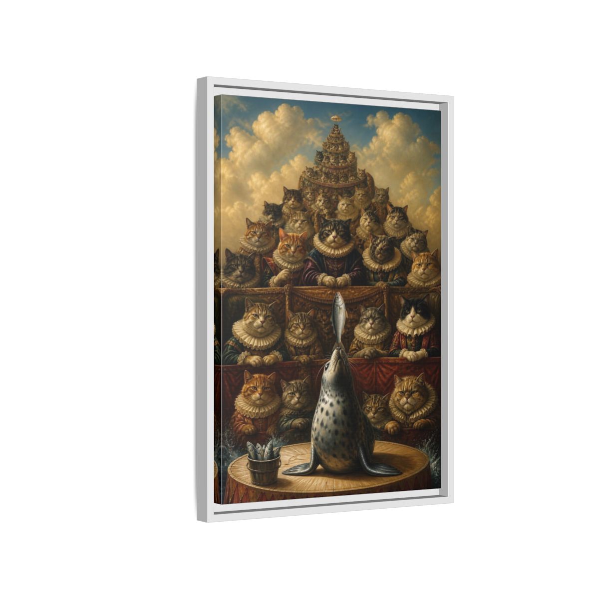 Side Mockup 1. Funny Seal Performance shown as framed canvas print