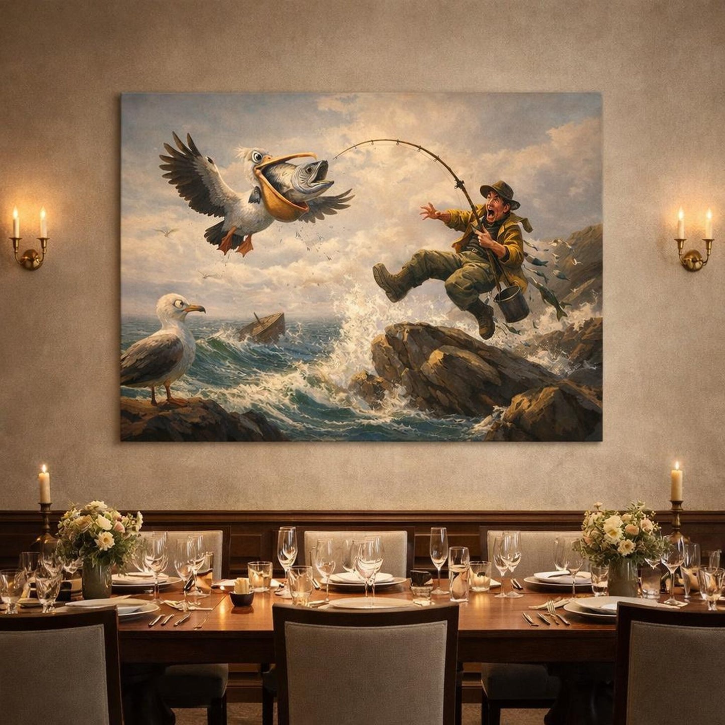 Funny Seascape Dramatic Pelican Fisherman - Canvas Wall Art Print - YesArtYes