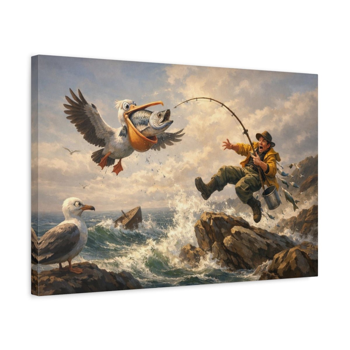 Funny Seascape Dramatic Pelican Fisherman - Canvas Wall Art Print - YesArtYes