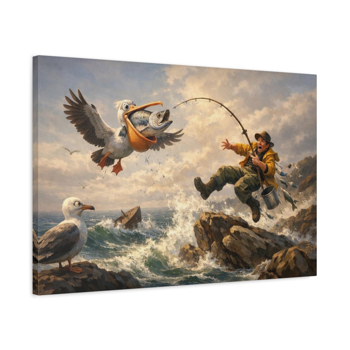 Funny Seascape Dramatic Pelican Fisherman - Canvas Wall Art Print - YesArtYes
