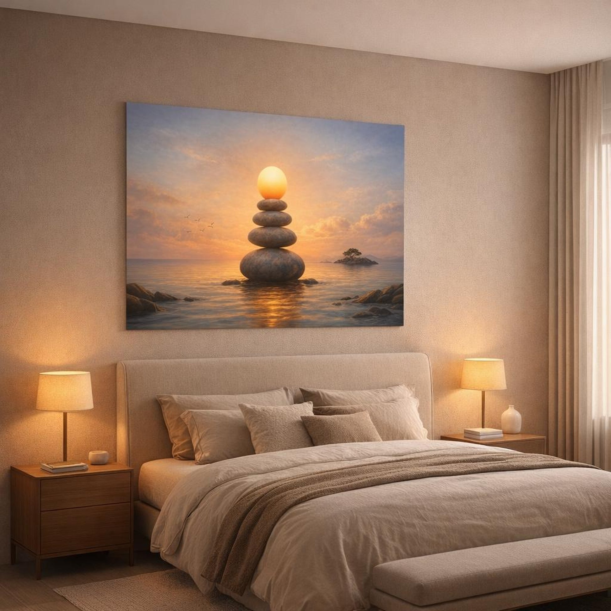Funny Seascape Sunset shown as canvas wall art in a luxury bedroom