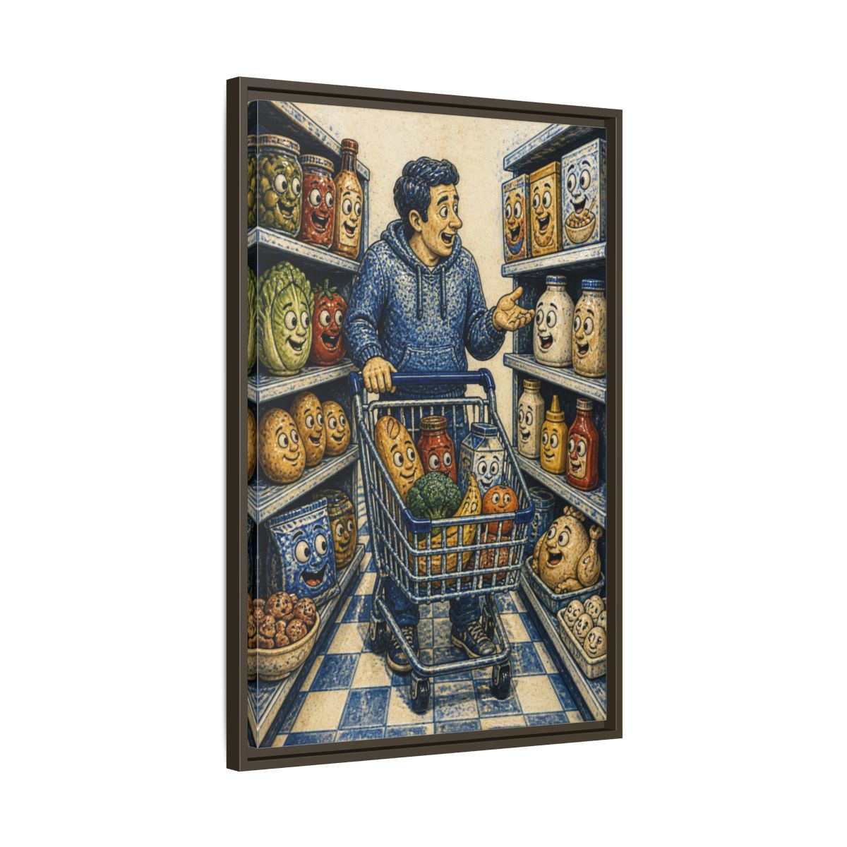 Side Mockup 11. Funny Shopper With Talking Food shown as framed canvas print