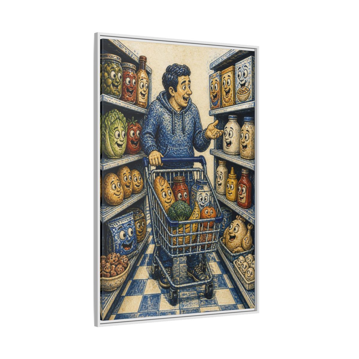 Side Mockup 7. Funny Shopper With Talking Food shown as framed canvas print