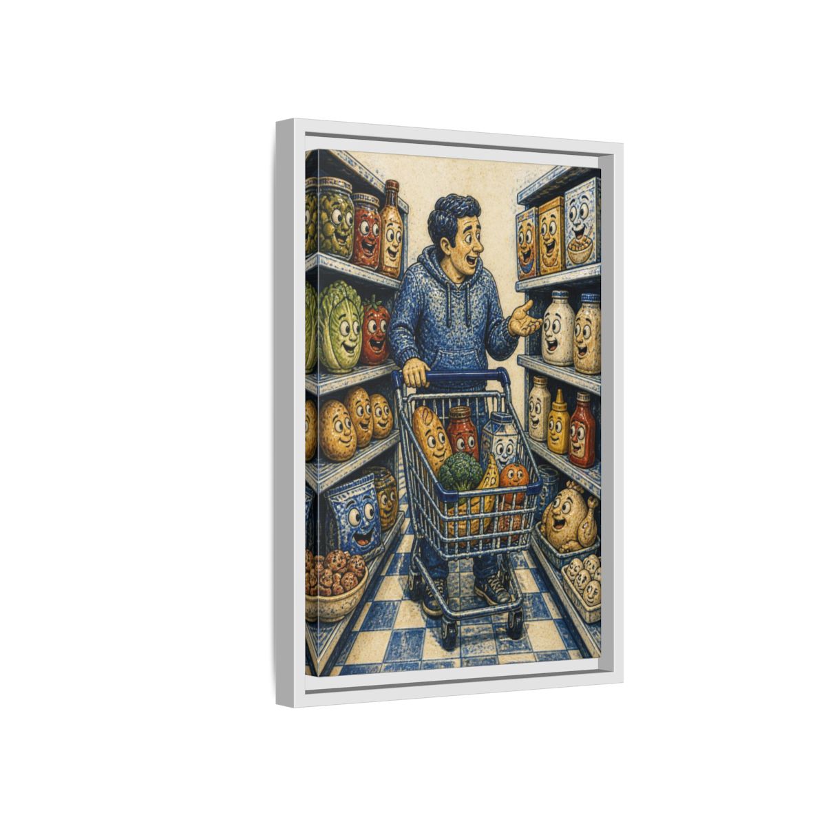 Side Mockup 4. Funny Shopper With Talking Food shown as framed canvas print