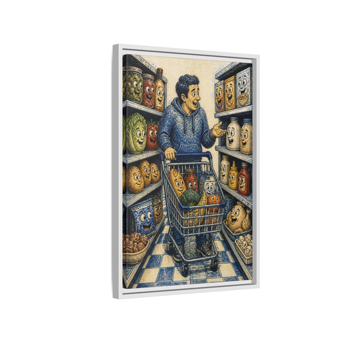 Side Mockup 1. Funny Shopper With Talking Food shown as framed canvas print