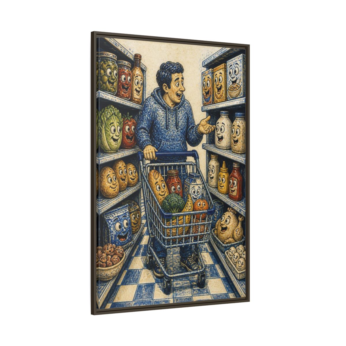 Side Mockup 8. Funny Shopper With Talking Food shown as framed canvas print