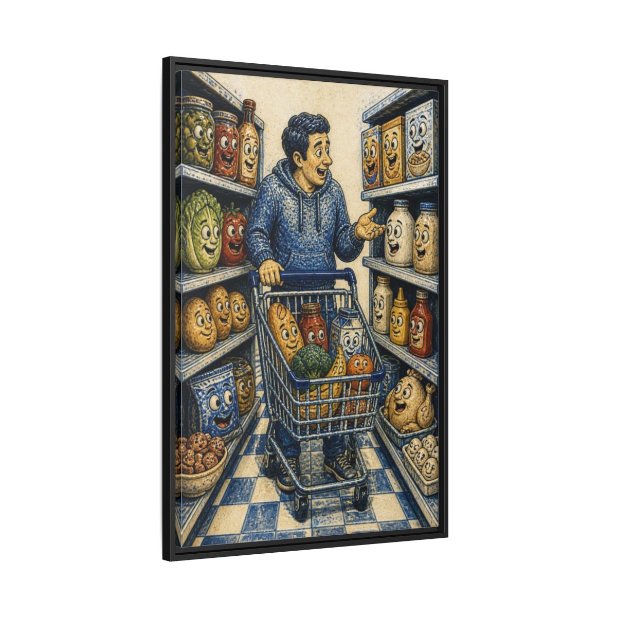 Side Mockup 13. Funny Shopper With Talking Food shown as framed canvas print