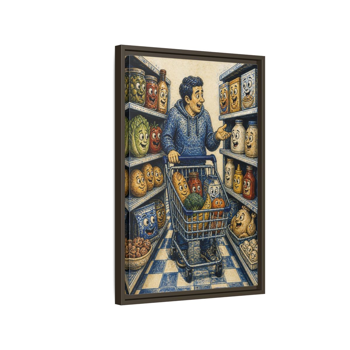 Side Mockup 2. Funny Shopper With Talking Food shown as framed canvas print