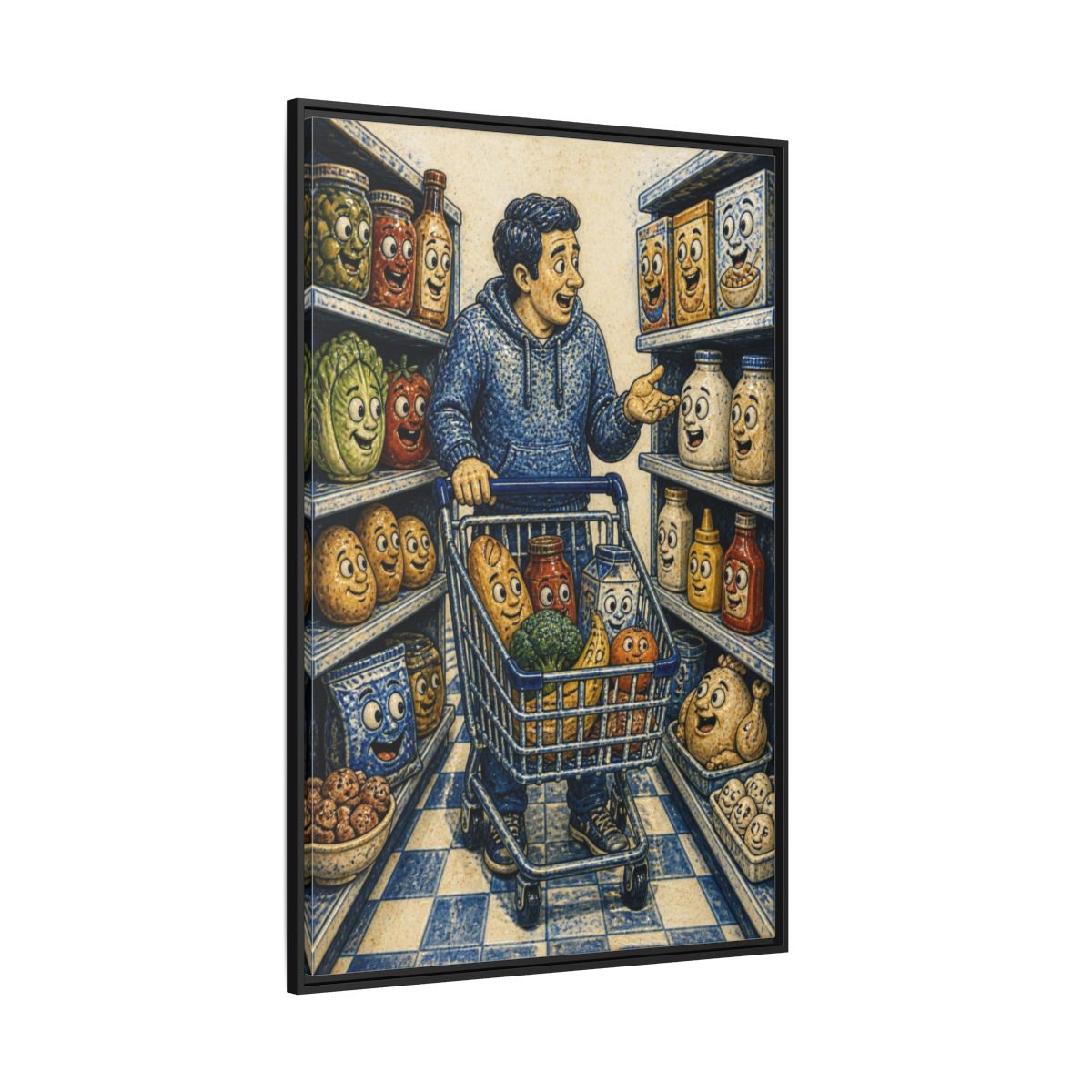 Side Mockup 12. Funny Shopper With Talking Food shown as framed canvas print