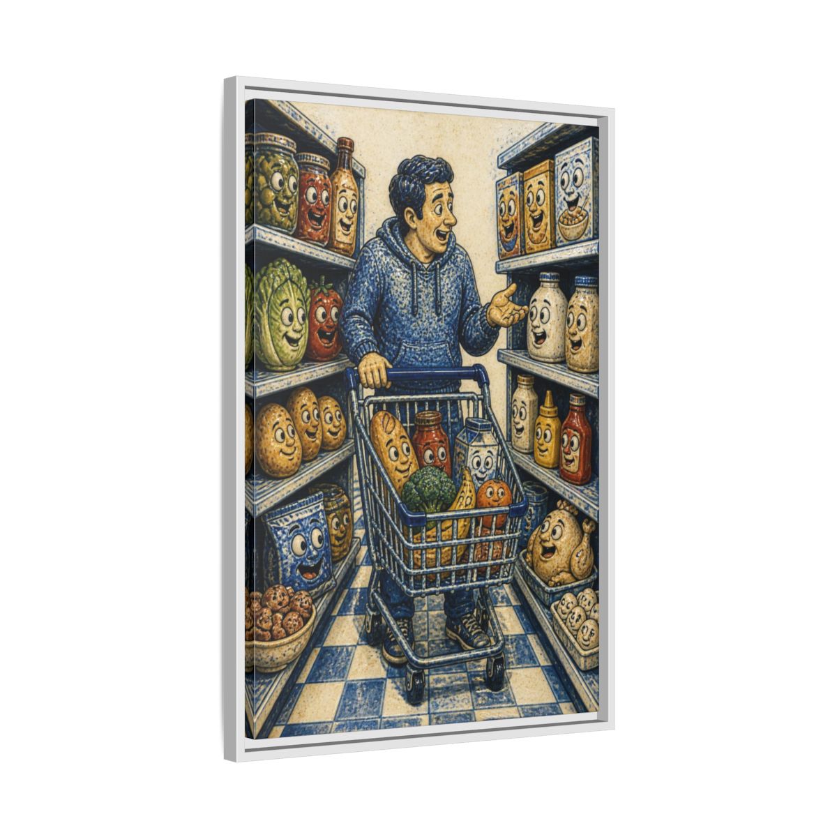 Side Mockup 10. Funny Shopper With Talking Food shown as framed canvas print