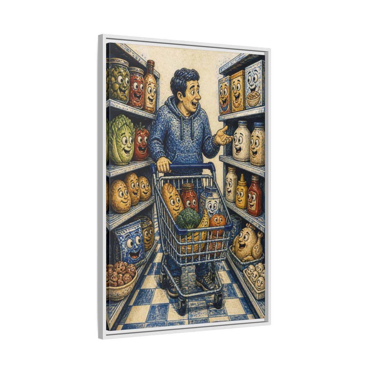 Side Mockup 9. Funny Shopper With Talking Food shown as framed canvas print