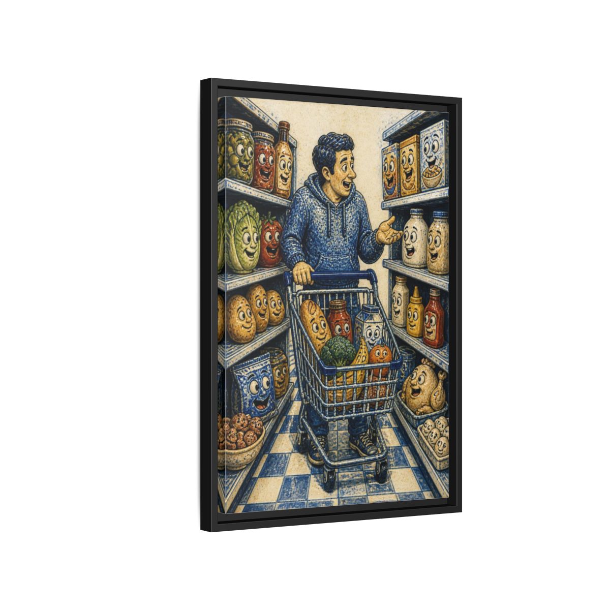 Side Mockup 3. Funny Shopper With Talking Food shown as framed canvas print