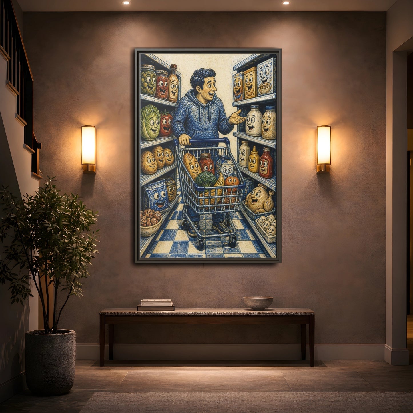 Mockup 2. Funny Shopper With Talking Food shown as framed canvas print