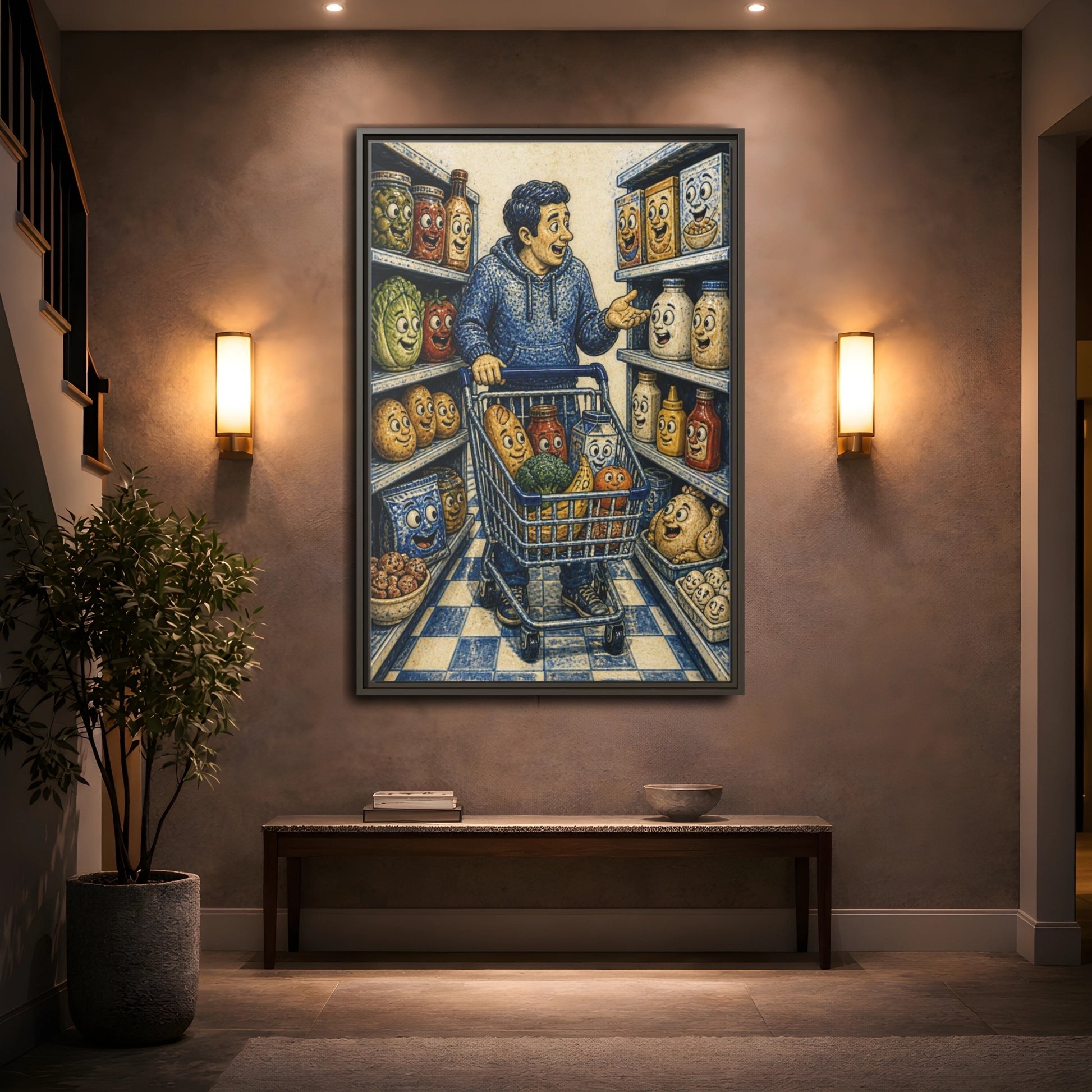 Mockup 2. Funny Shopper With Talking Food shown as framed canvas print