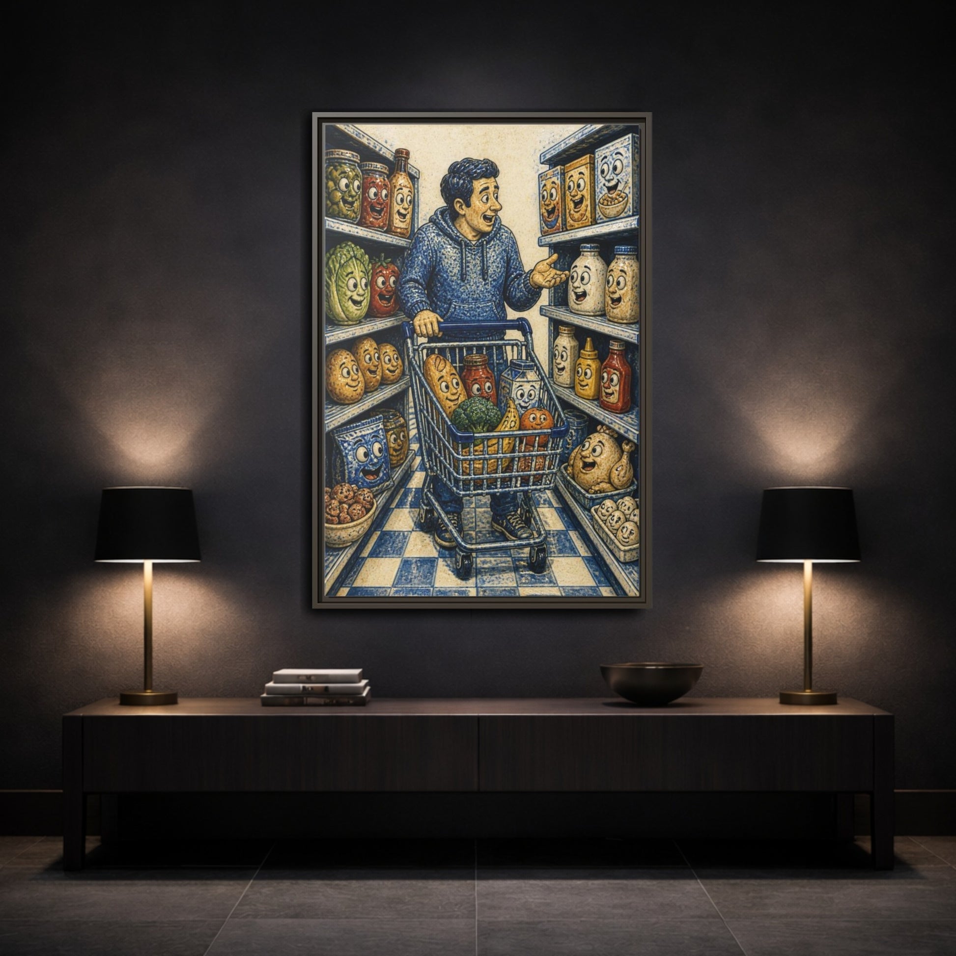 Mockup 3. Funny Shopper With Talking Food shown as framed canvas print