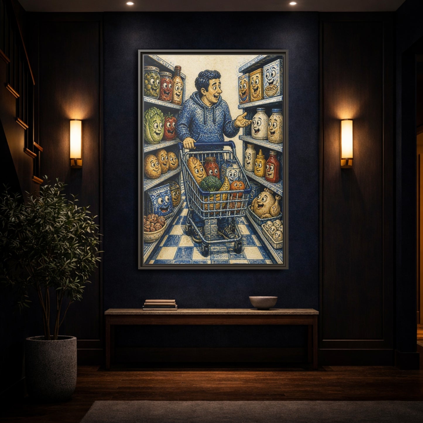 Mockup 4. Funny Shopper With Talking Food shown as framed canvas print