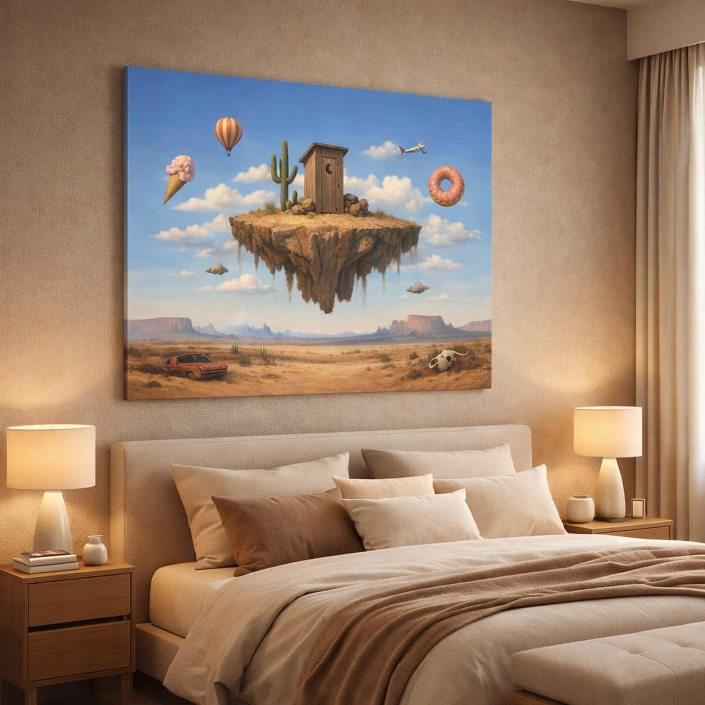 Funny Sky Desert shown as canvas wall art in a luxury bedroom