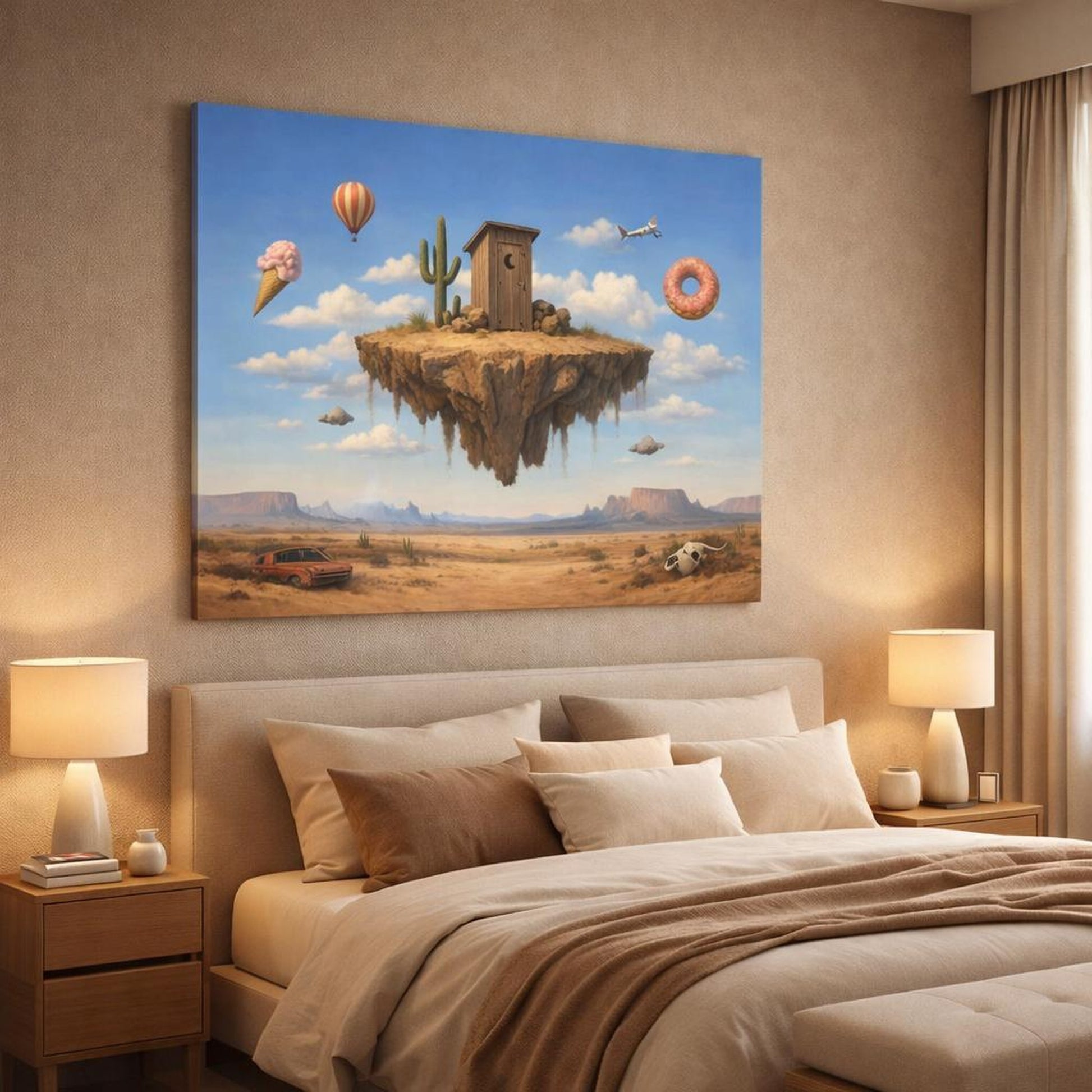 Funny Sky Desert shown as canvas wall art in a luxury bedroom