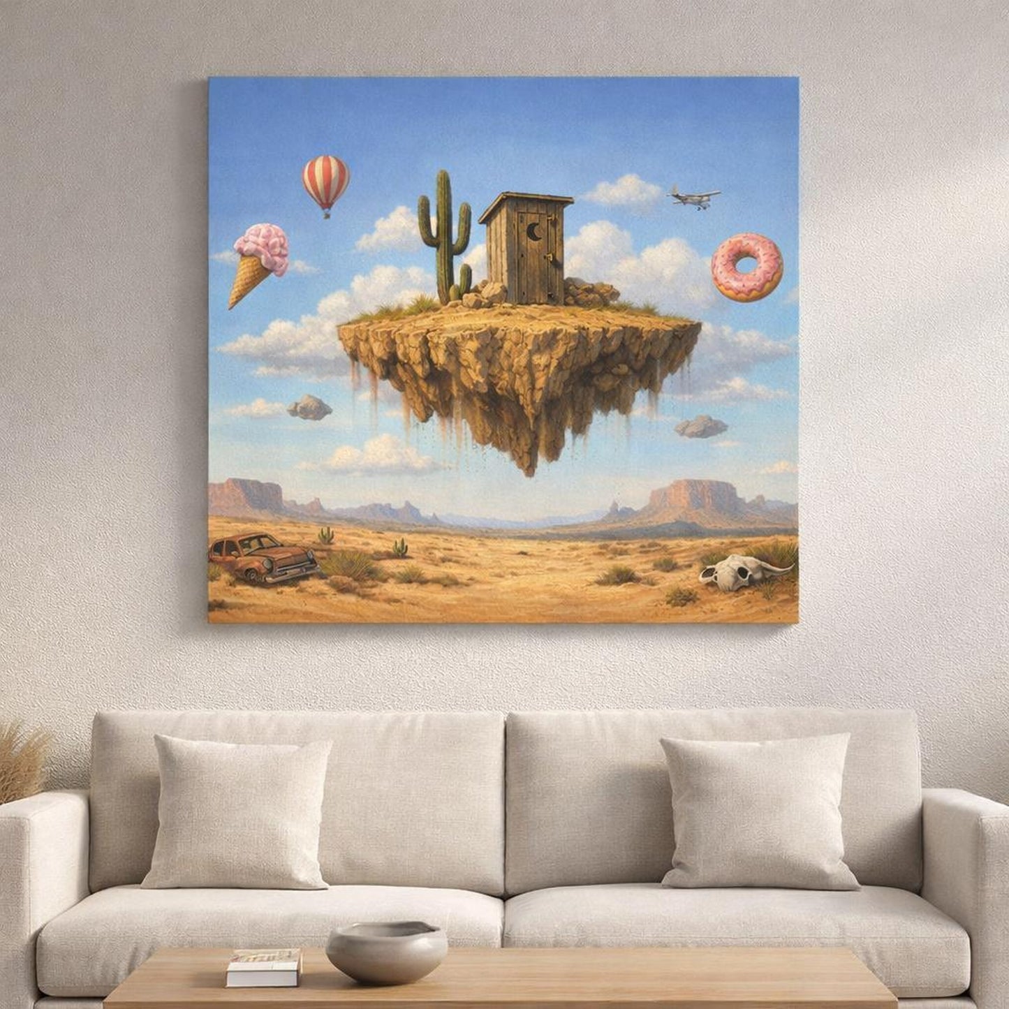 Funny Sky Desert shown as canvas wall art in a refined dining room
